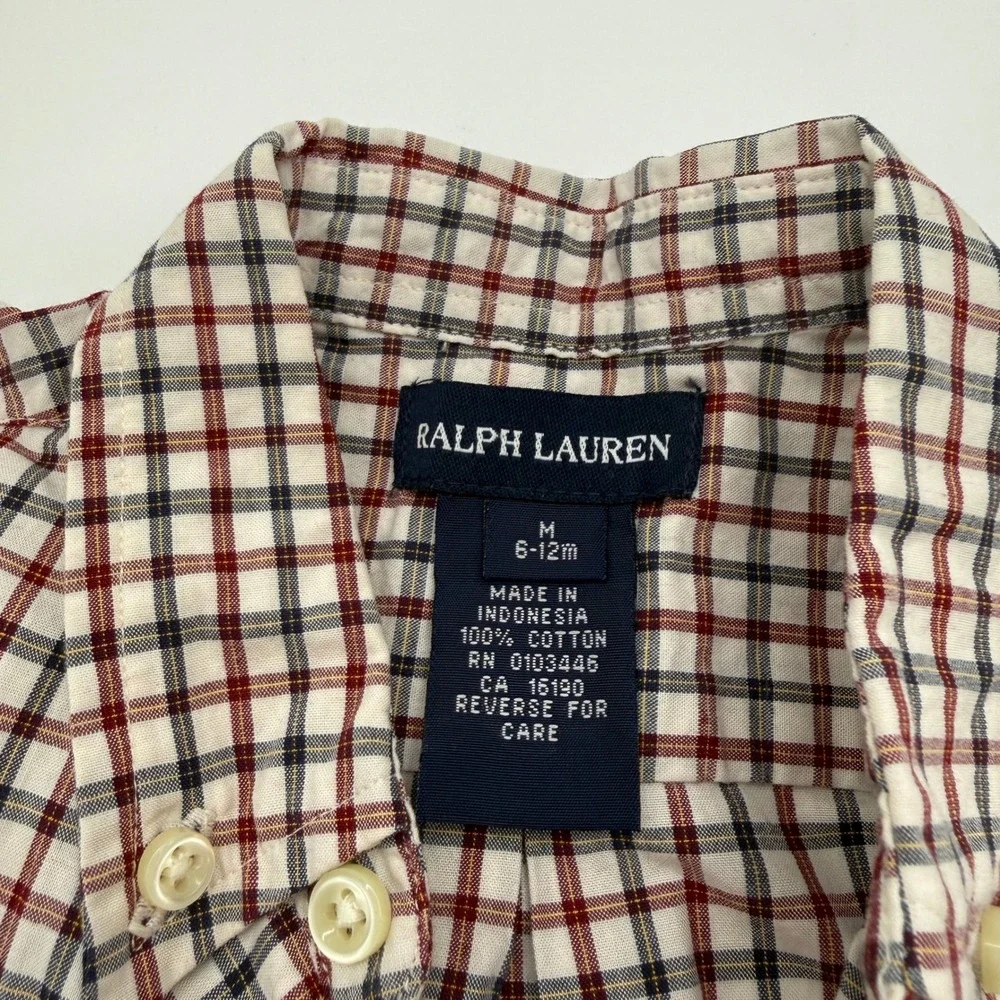 Ralph Lauren Button Down Shirt Kids 6-12 Months Red Plaid Cotton Long Sleeve NEW